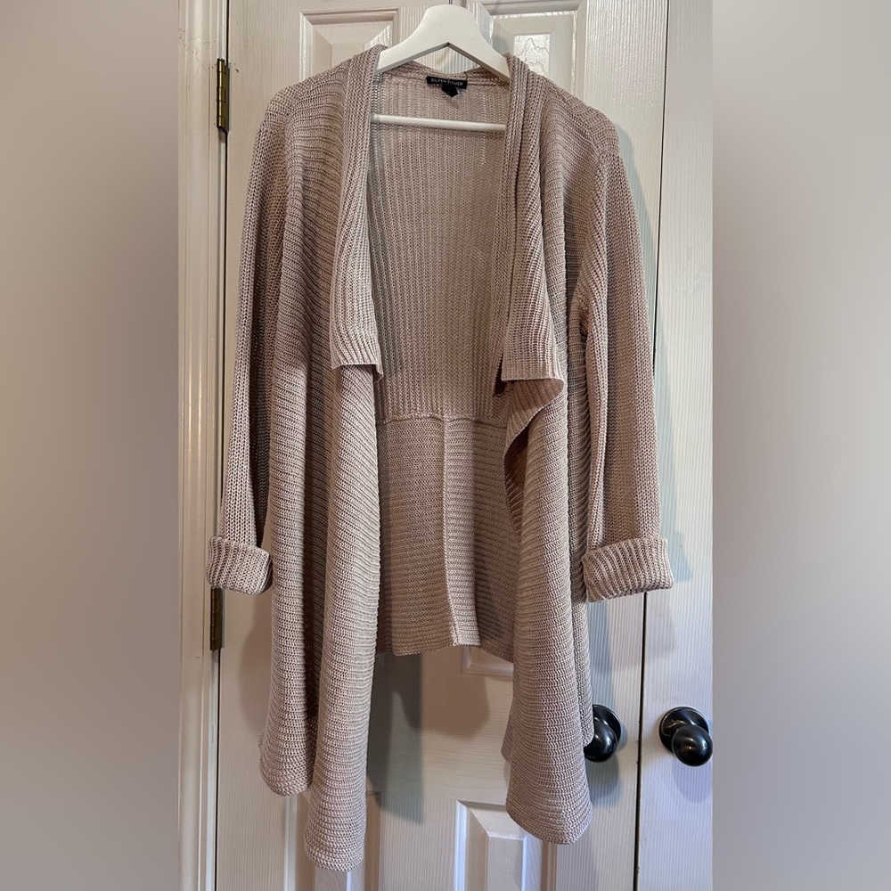 Eileen Fisher 100% Linen Open Weave Cream Taupe Cardigan size L Refined Scandi - Picture 2 of 9